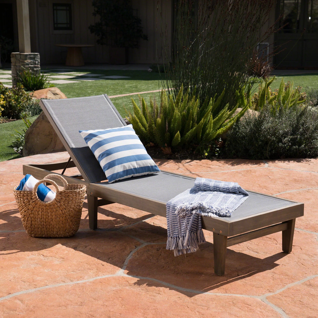Gray Mesh and Acacia Wood Adjustable Chaise Lounge V18939