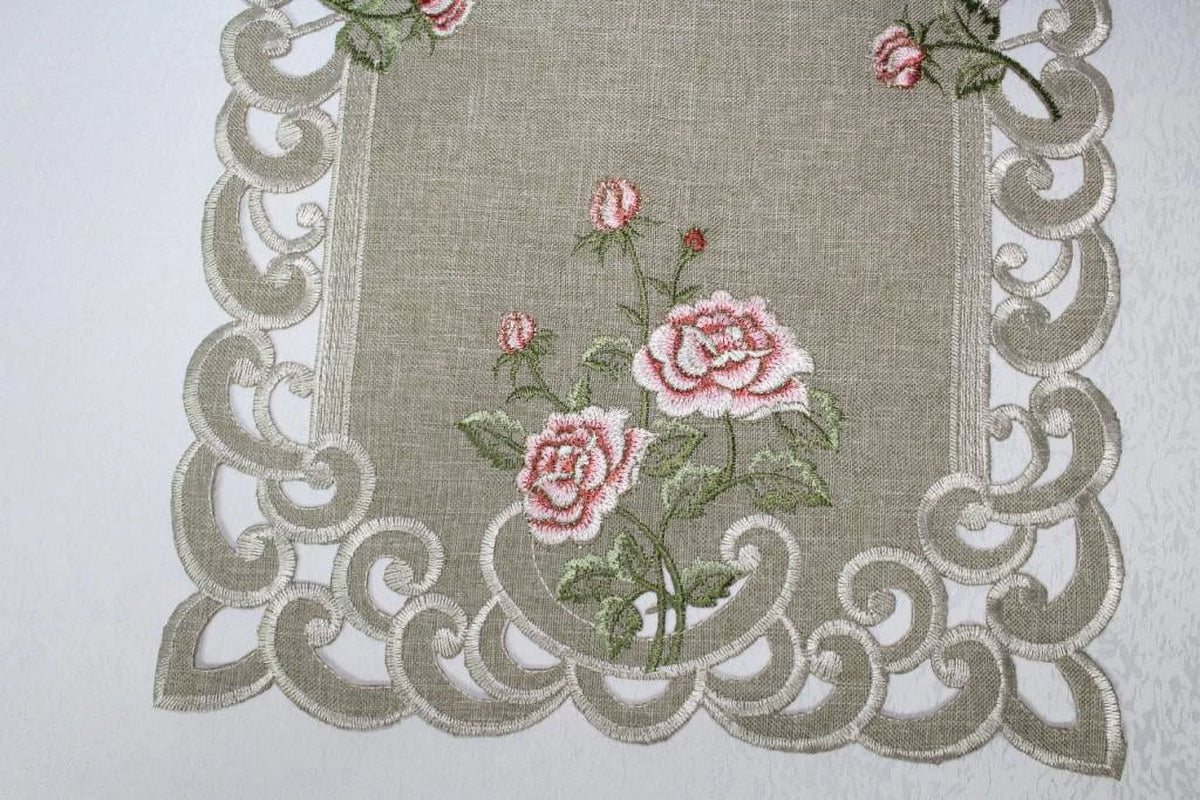 Table Runner with Pink Roses and Sage Green Burlap Linen Fabric, 70 x 15 inches Z63624