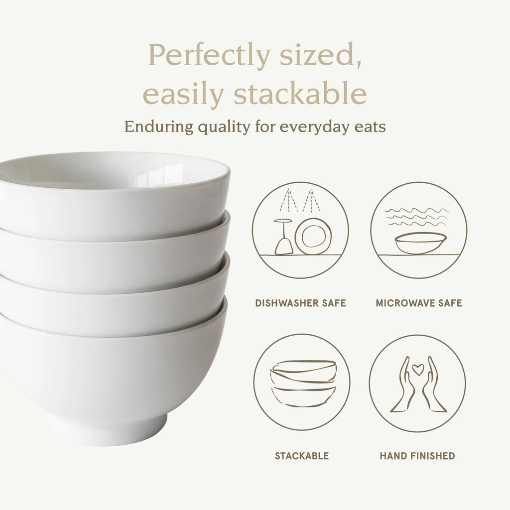Set of 4 White Round Porcelain Noodle Bowls N163