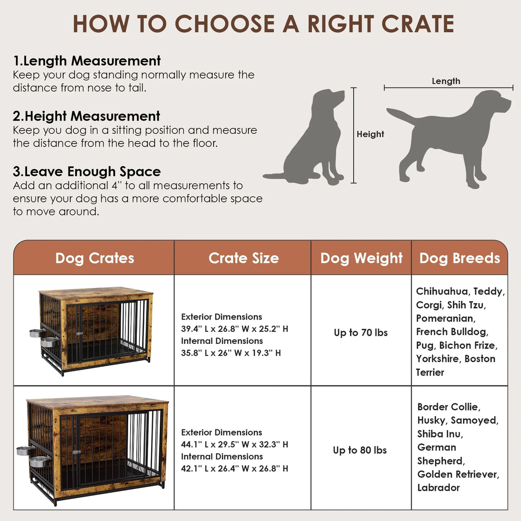 44.1'' Wooden Dog Crate with 2 Stainless Steel Bowls B44251