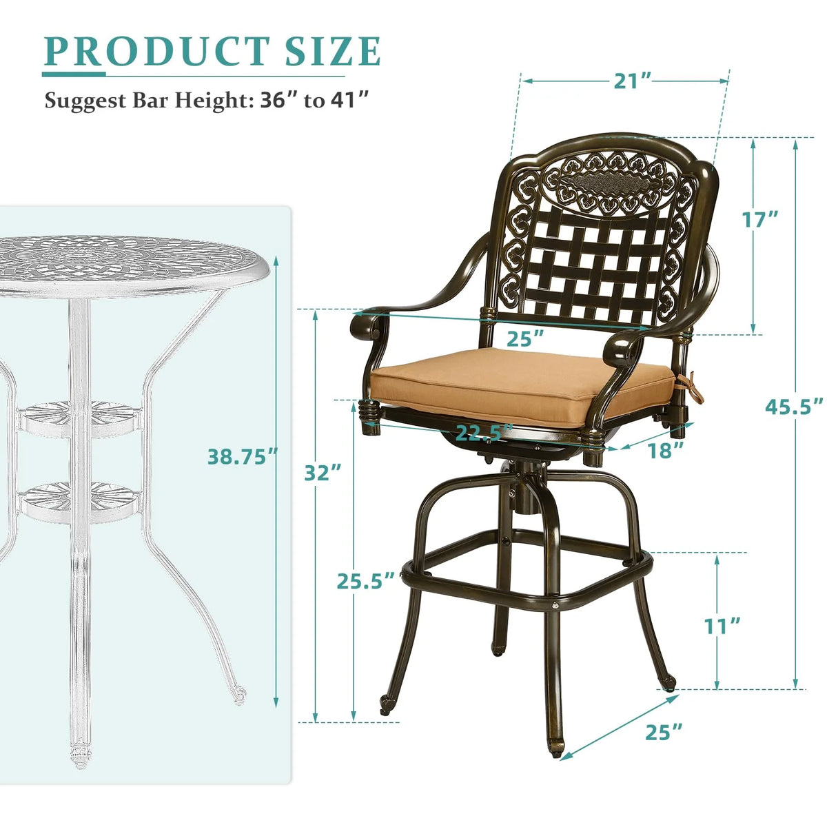 2 Piece Cast Aluminum Swivel Bar Stools with Cushions S923