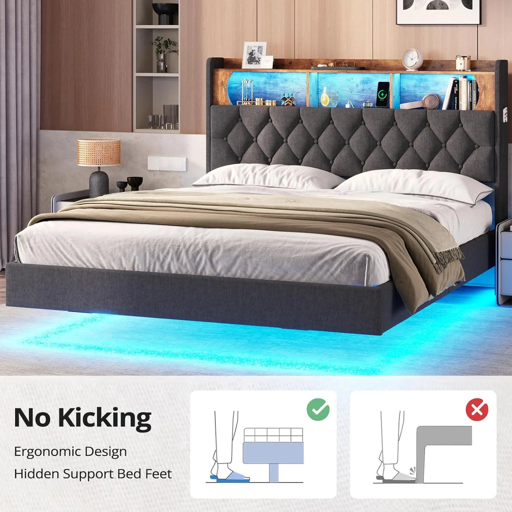 Queen Size Upholstered Platform Bed Frame with Bookcase Headboard A142905