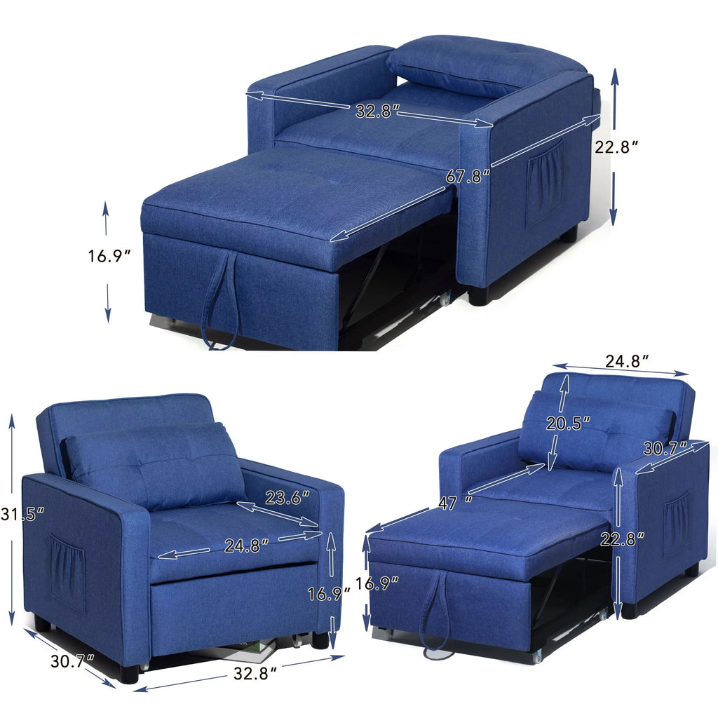 Blue Linen Fabric Convertible Chair Bed E174209