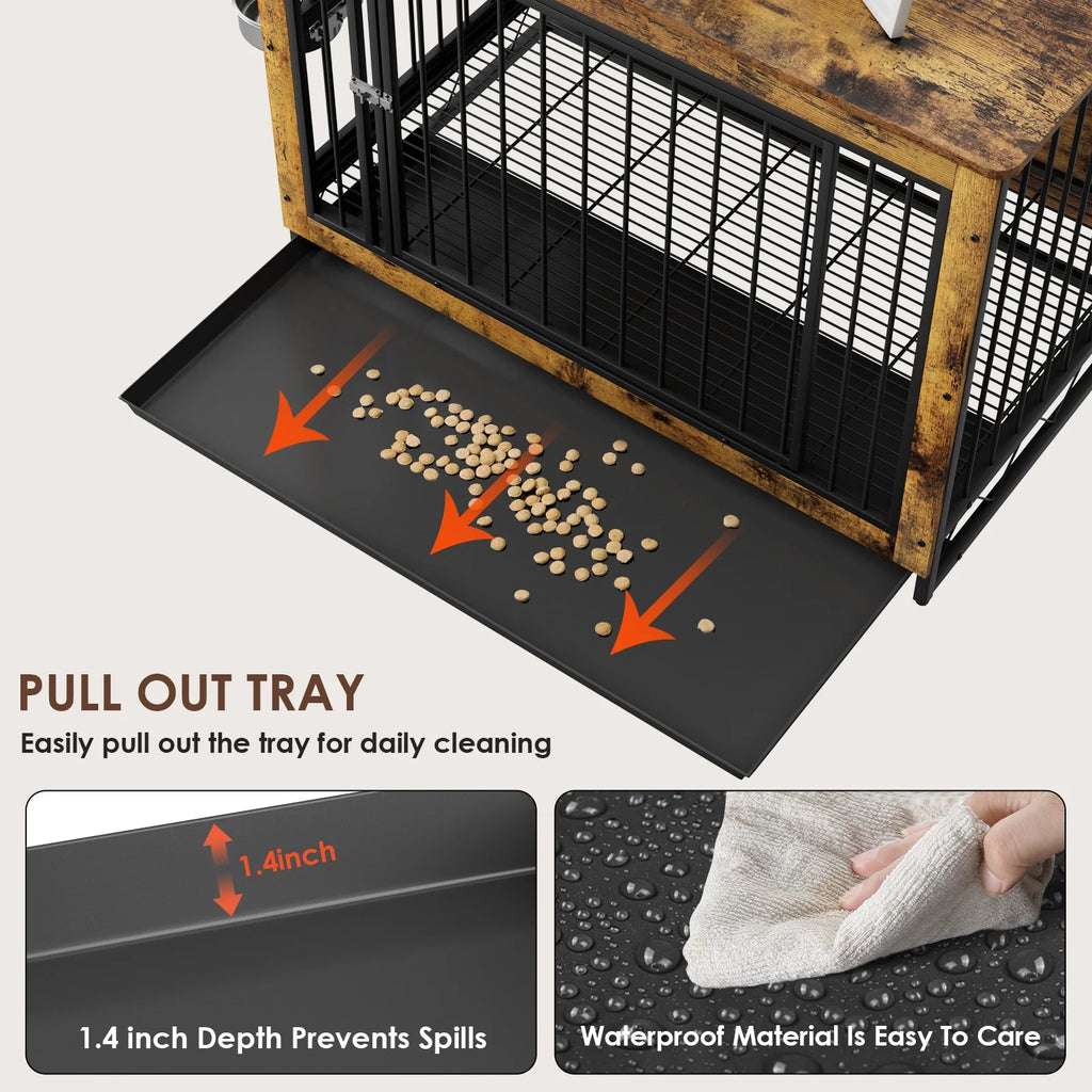 44.1'' Wooden Dog Crate with 2 Stainless Steel Bowls B44251