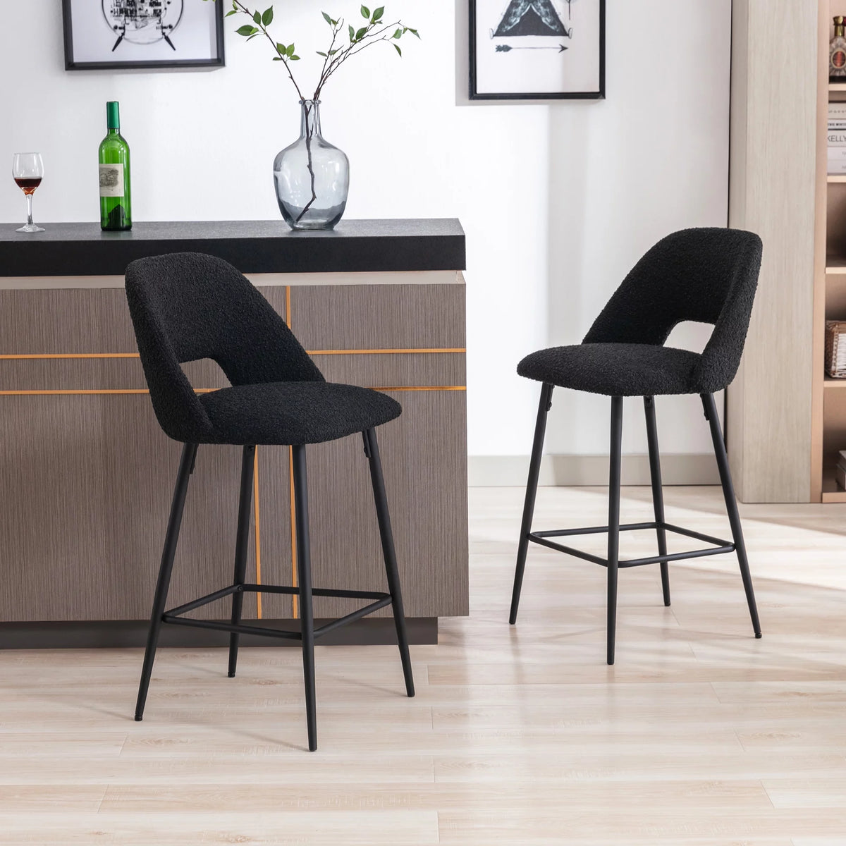 Boucle Fabric Barstools Set of 2 with Black Metal Legs B688032