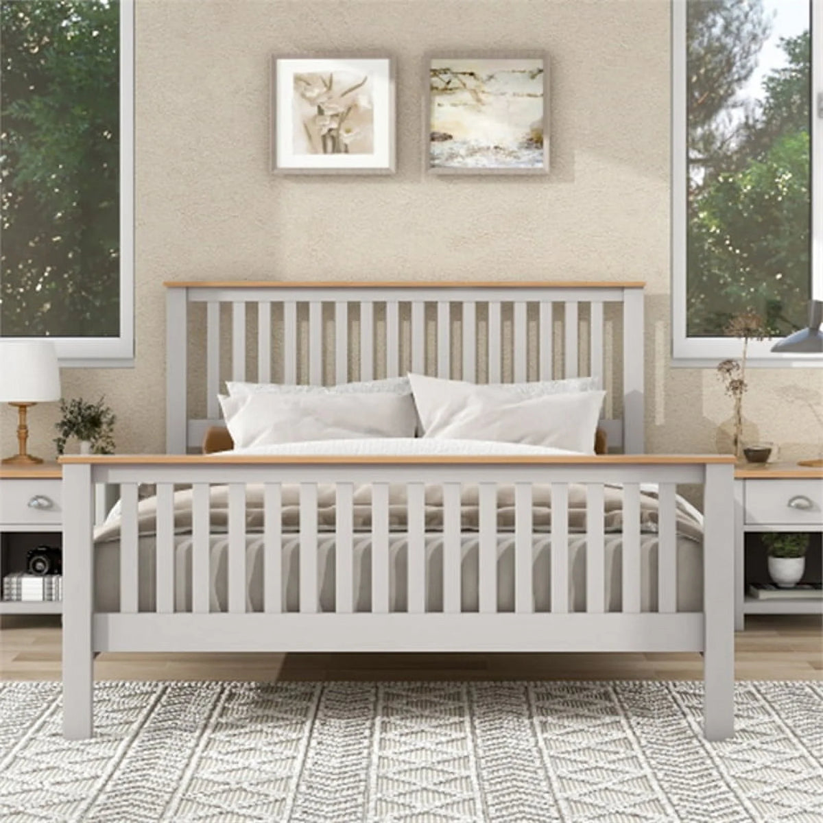 Gray Solid Platform Queen Bed with Oak Top G96741