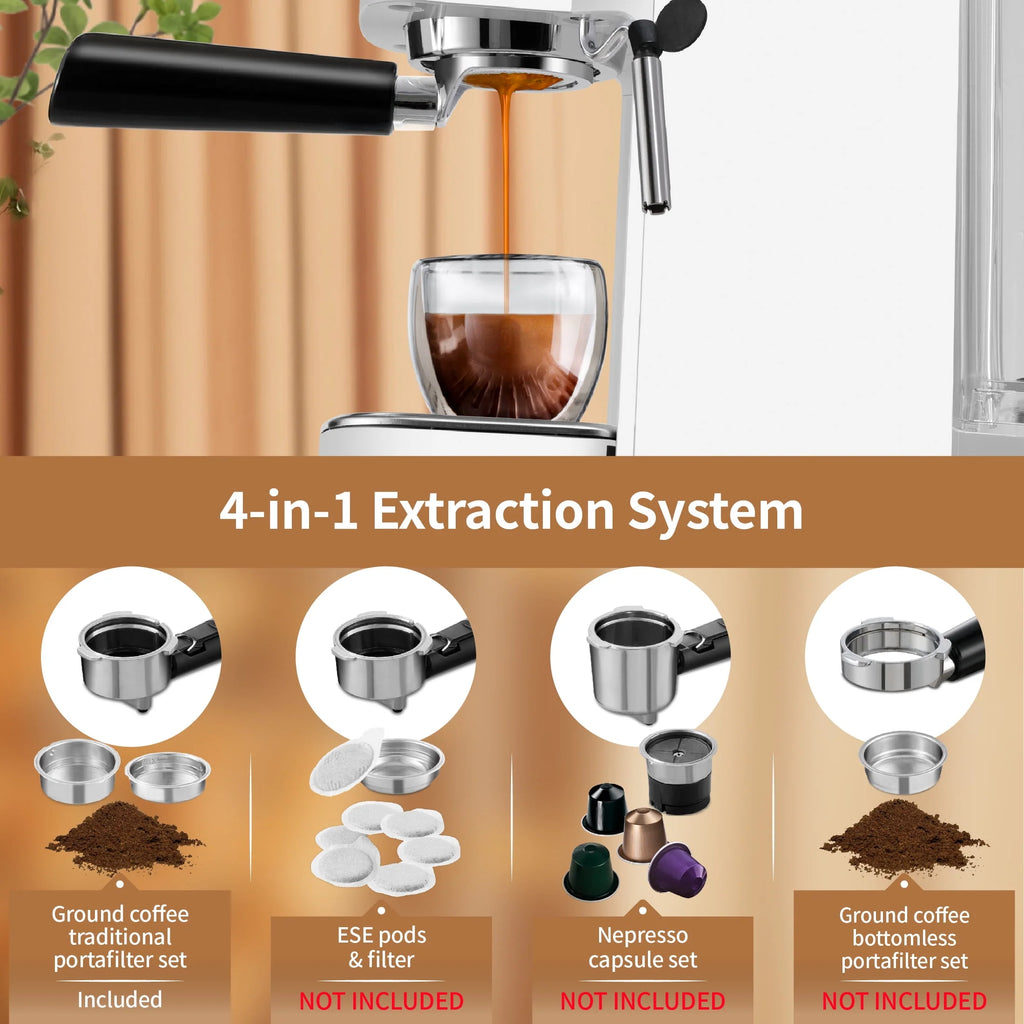20 Bar Espresso Machine with Milk Frother Wand, 40.58 oz, White F9507
