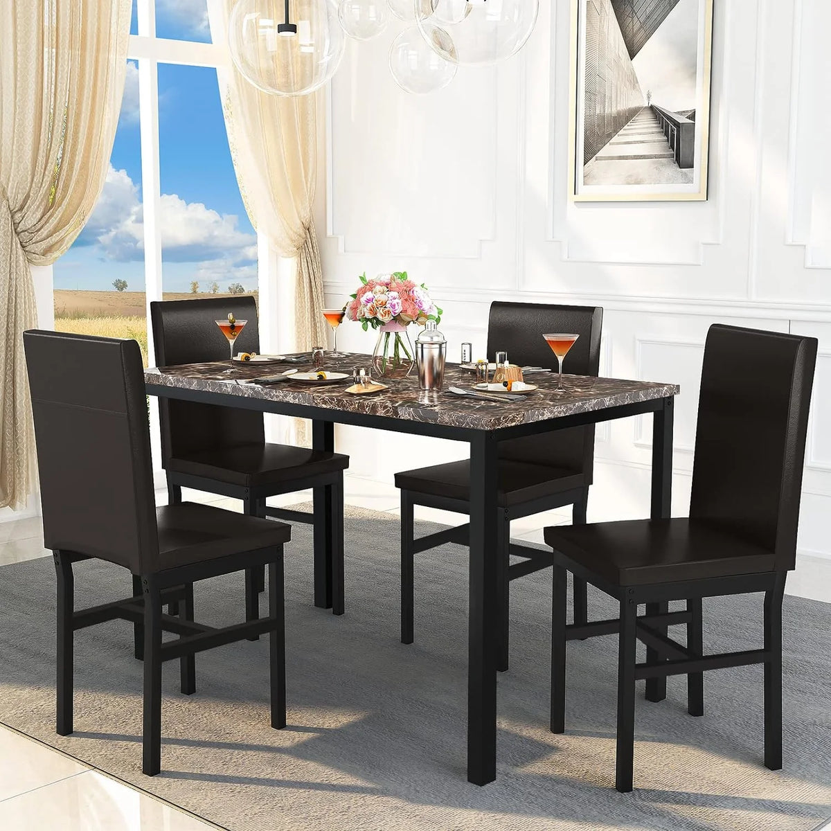 5-Piece Brown Kitchen Table Set with 4 Leather Upholstered Chairs G155424