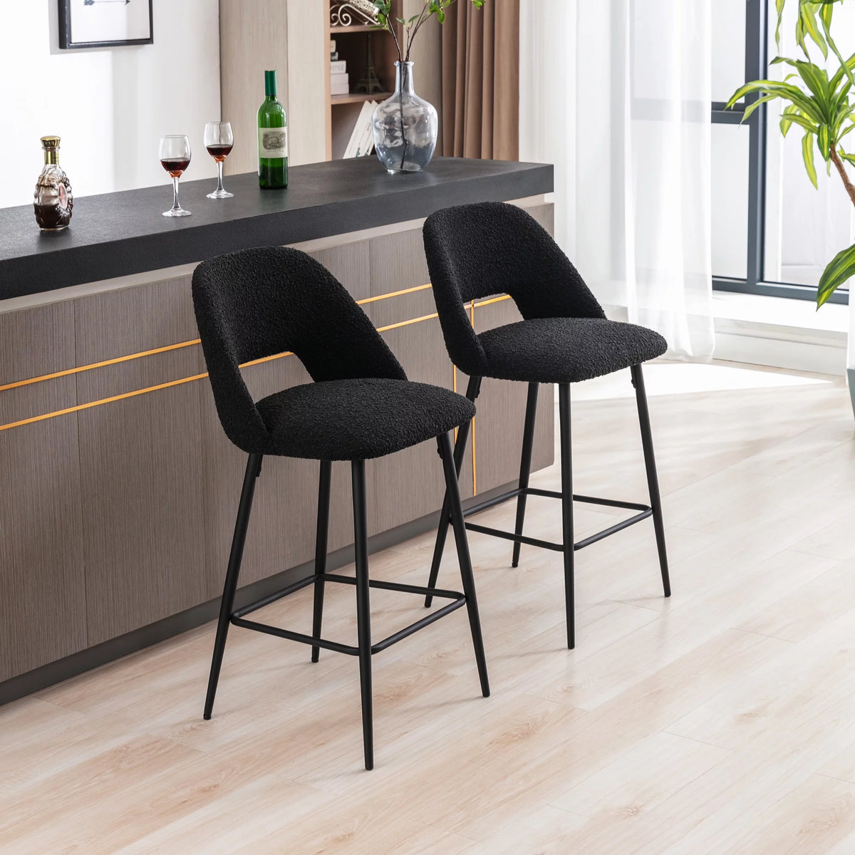 Boucle Fabric Barstools Set of 2 with Black Metal Legs B688032