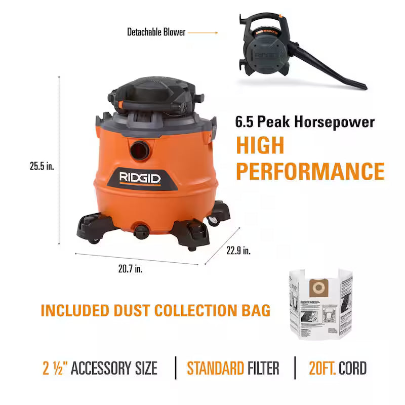 16 Gallon 6.5 Peak HP Wet/Dry Shop Vacuum with Detachable Blower K398