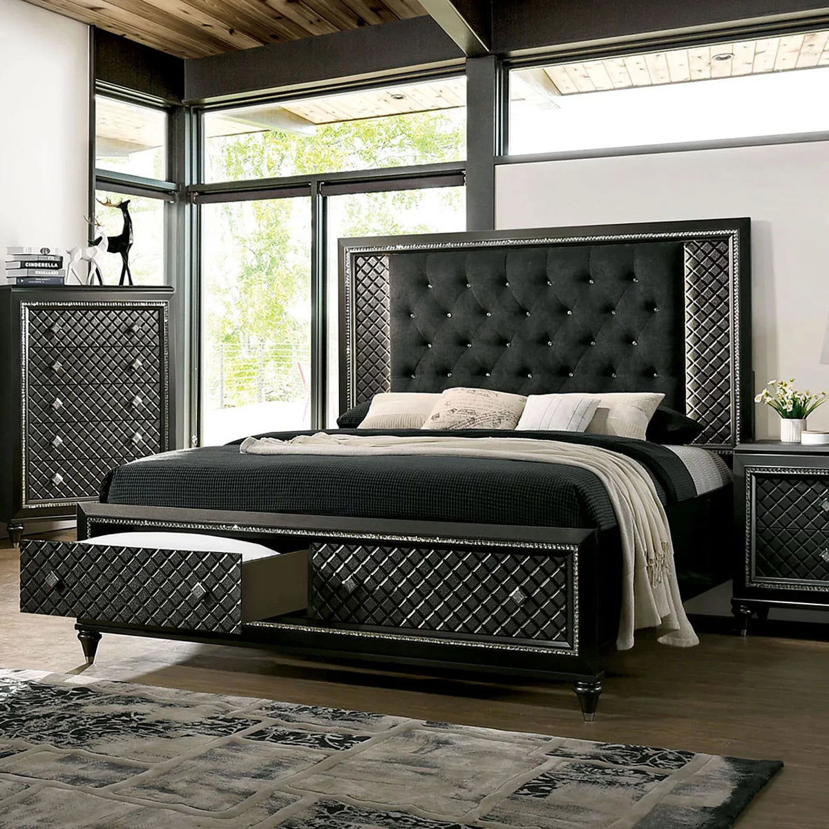California King Size Bed 2 Nightstands Metallic Gray Solid Wood Black Fabric Tufted G337