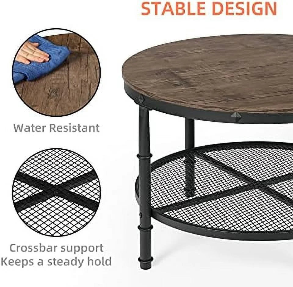 Small Round Coffee Table with Wood Top Metal Legs 2-Tier Grey P63567