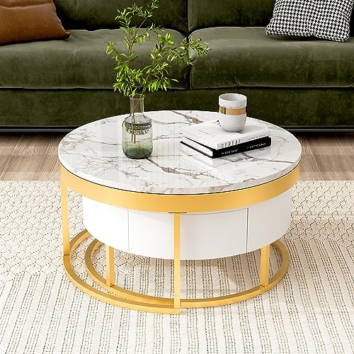 Round Lift-top Nesting Coffee Tables with 2 Drawers White & Natural L867