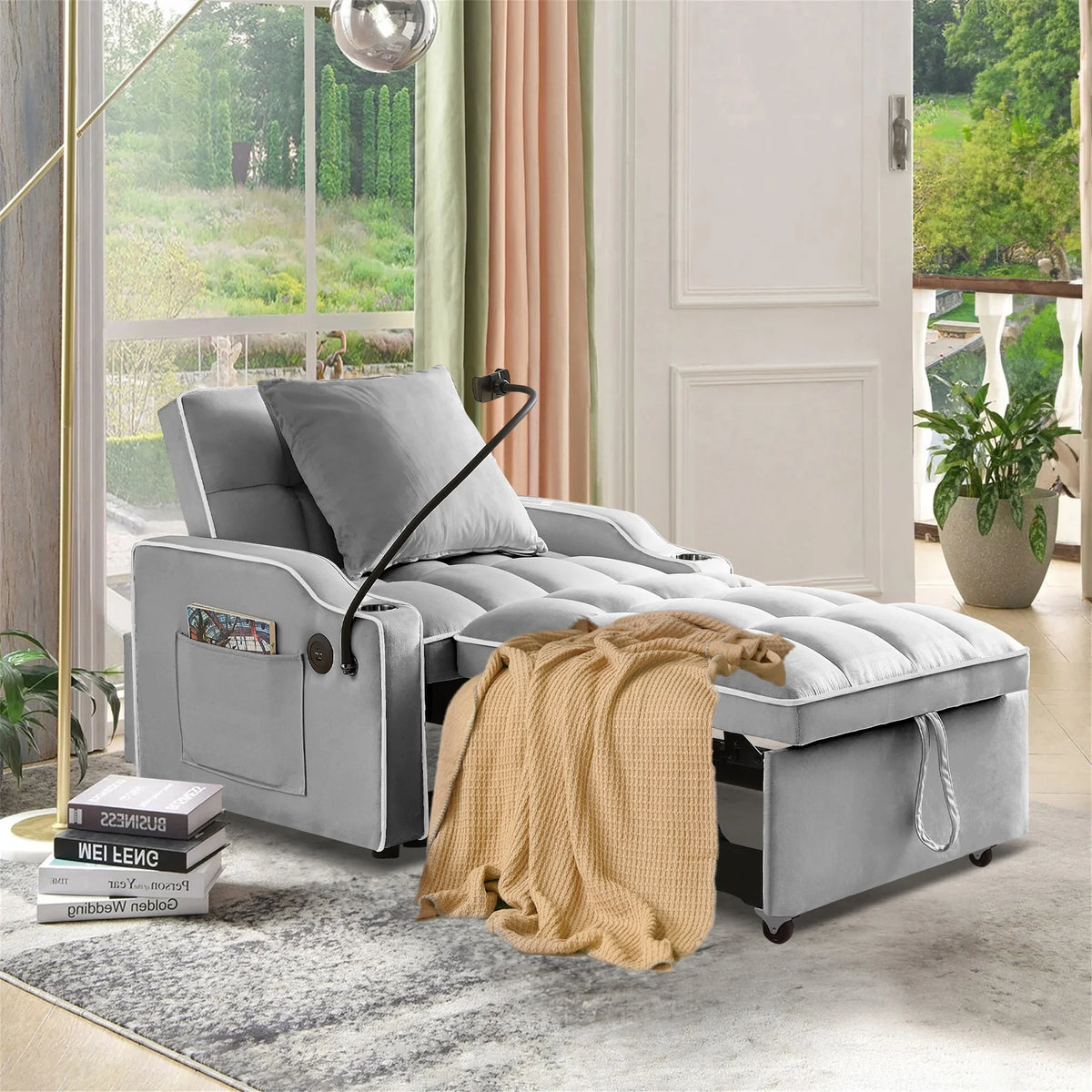 Gray Convertible Sleeper Chair Bed with USB Port J22035
