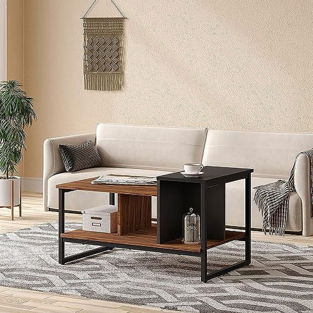 Glass Wood Coffee Table with 2-Tier Staggered Shelves H9171
