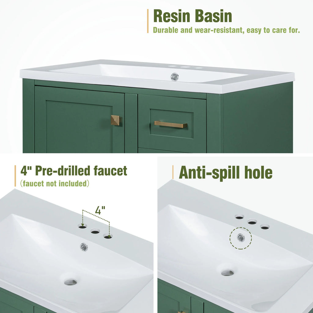 30" Green Solid Wood Bathroom Vanity with Top Basin and 3 Drawers W3518