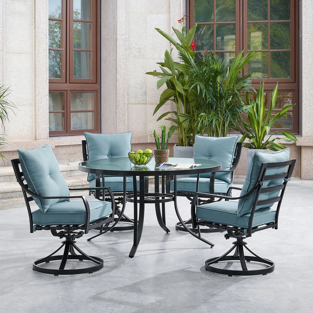 5-Piece Outdoor Dining Set with 4 Swivel Rocker Chairs and Glass-Top Table X82265