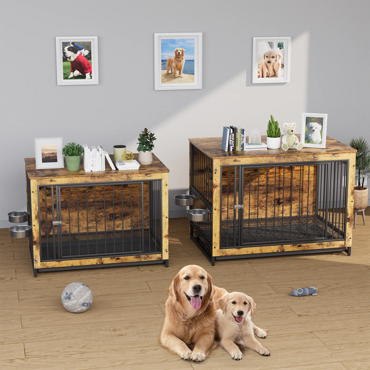 44.1'' Wooden Dog Crate with 2 Stainless Steel Bowls B44251