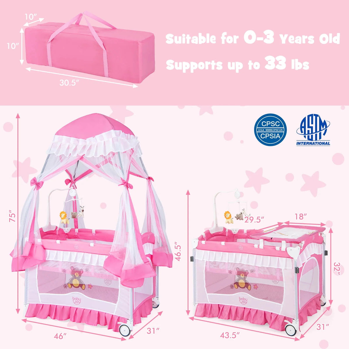 Portable 4 in 1 Baby Playard Crib with Changing Table Pink Z767841