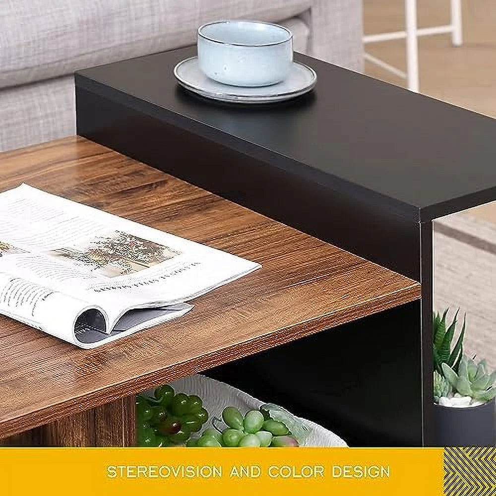 Glass Wood Coffee Table with 2-Tier Staggered Shelves H9171