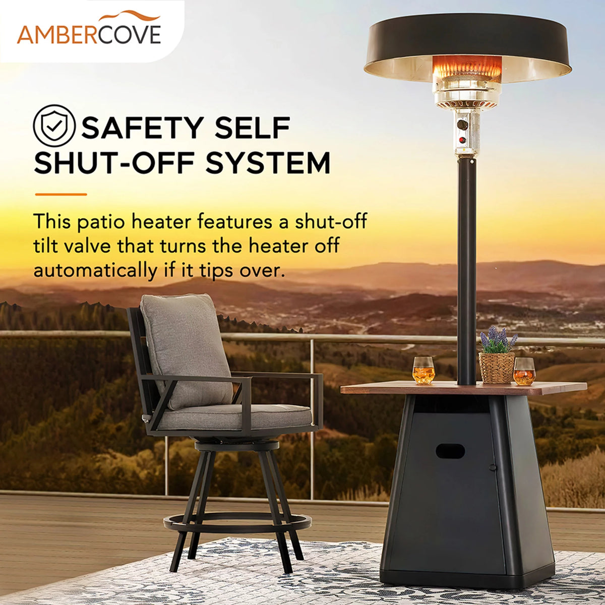 40,000 BTU Matte Black Steel Propane Patio Heater with Table Top B508