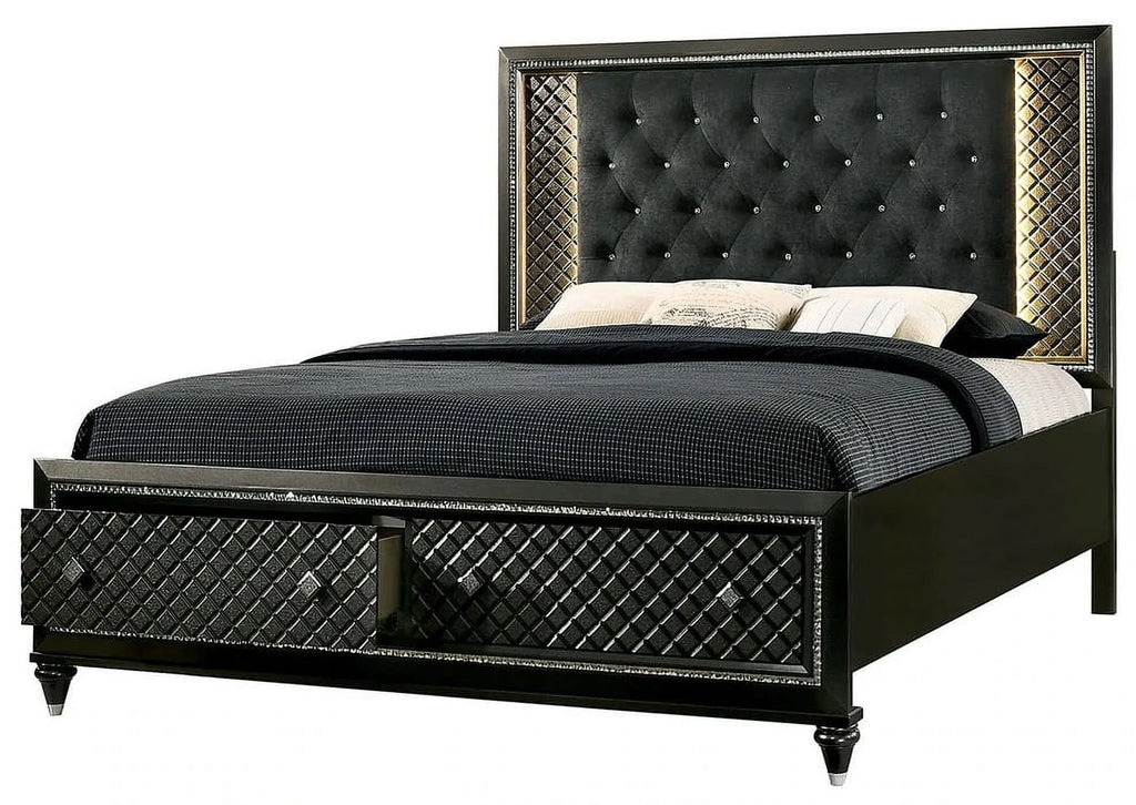 California King Size Bed 2 Nightstands Metallic Gray Solid Wood Black Fabric Tufted G337