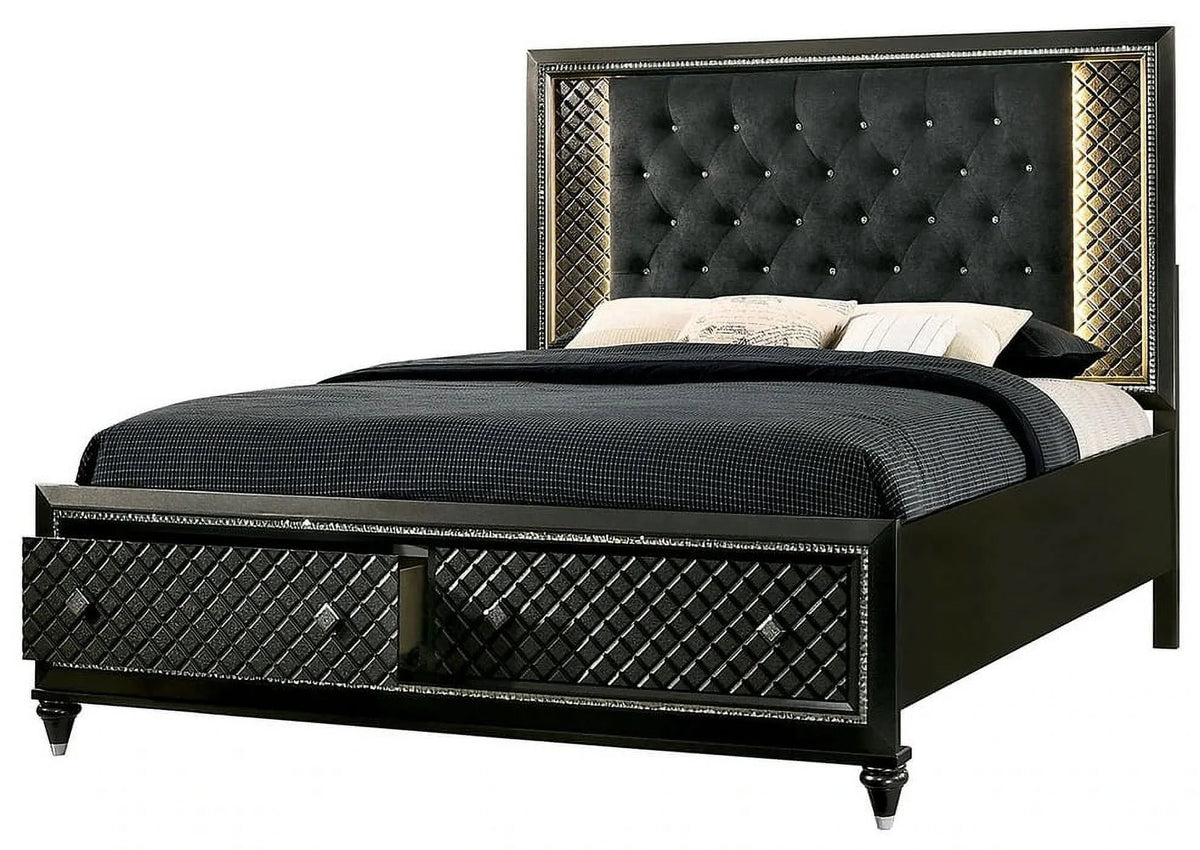 California King Size Bed 2 Nightstands Metallic Gray Solid Wood Black Fabric Tufted G337