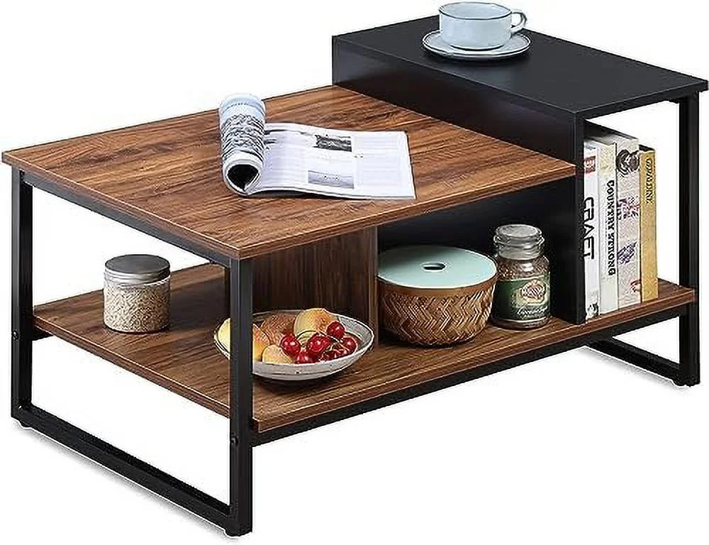 Glass Wood Coffee Table with 2-Tier Staggered Shelves H9171