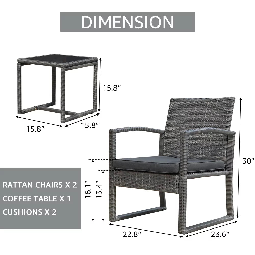 3 Piece Dark Gray Wicker Patio Furniture Set with Coffee Table I826