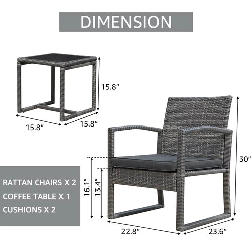 3 Piece Dark Gray Wicker Patio Furniture Set with Coffee Table I826