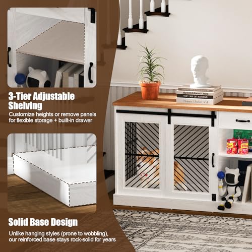 Wooden Double Dog Crate Furniture with Storage Shelves A388569