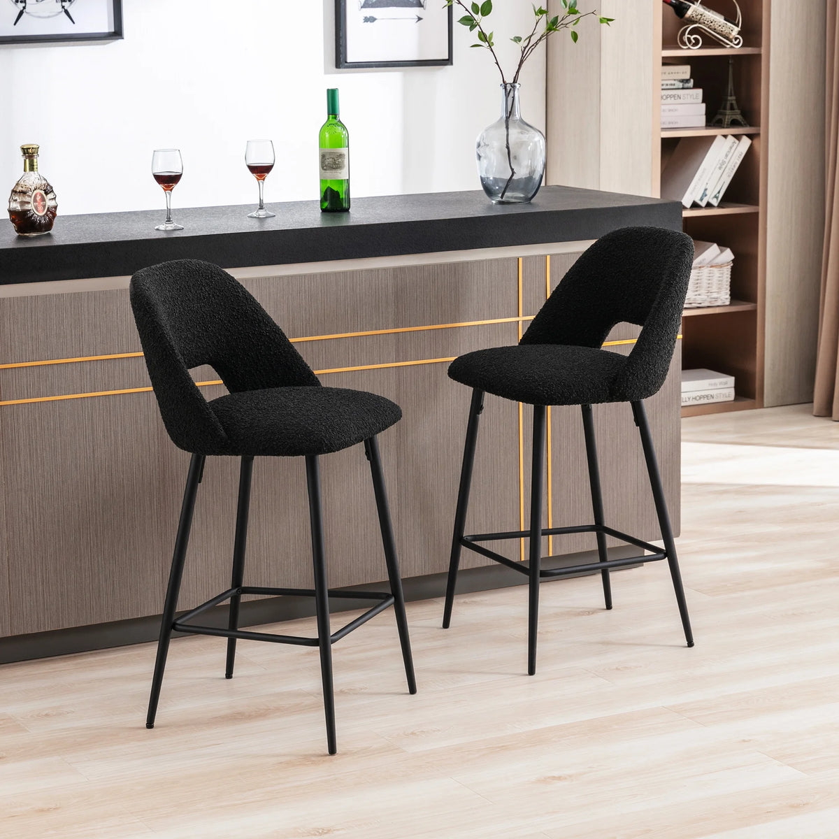 Boucle Fabric Barstools Set of 2 with Black Metal Legs B688032