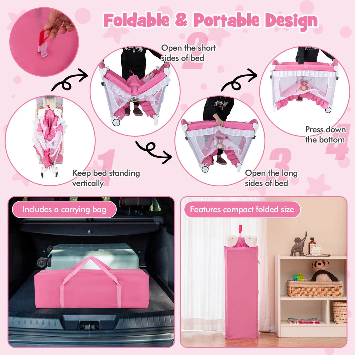 Portable 4 in 1 Baby Playard Crib with Changing Table Pink Z767841