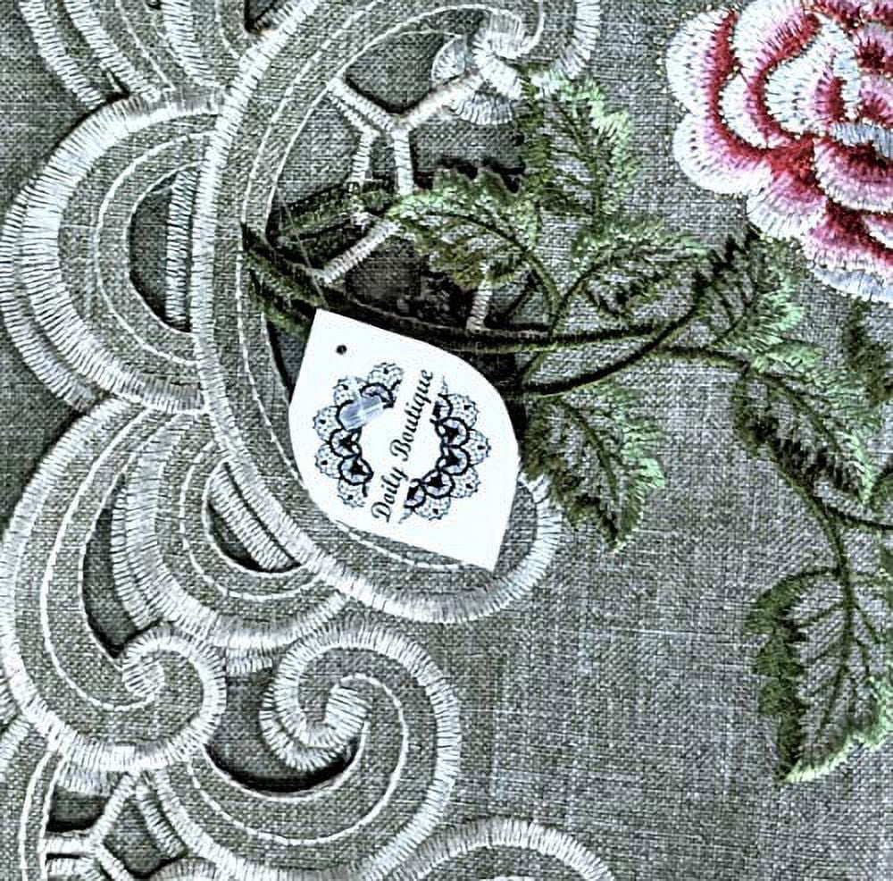 Table Runner with Pink Roses and Sage Green Burlap Linen Fabric, 70 x 15 inches Z63624