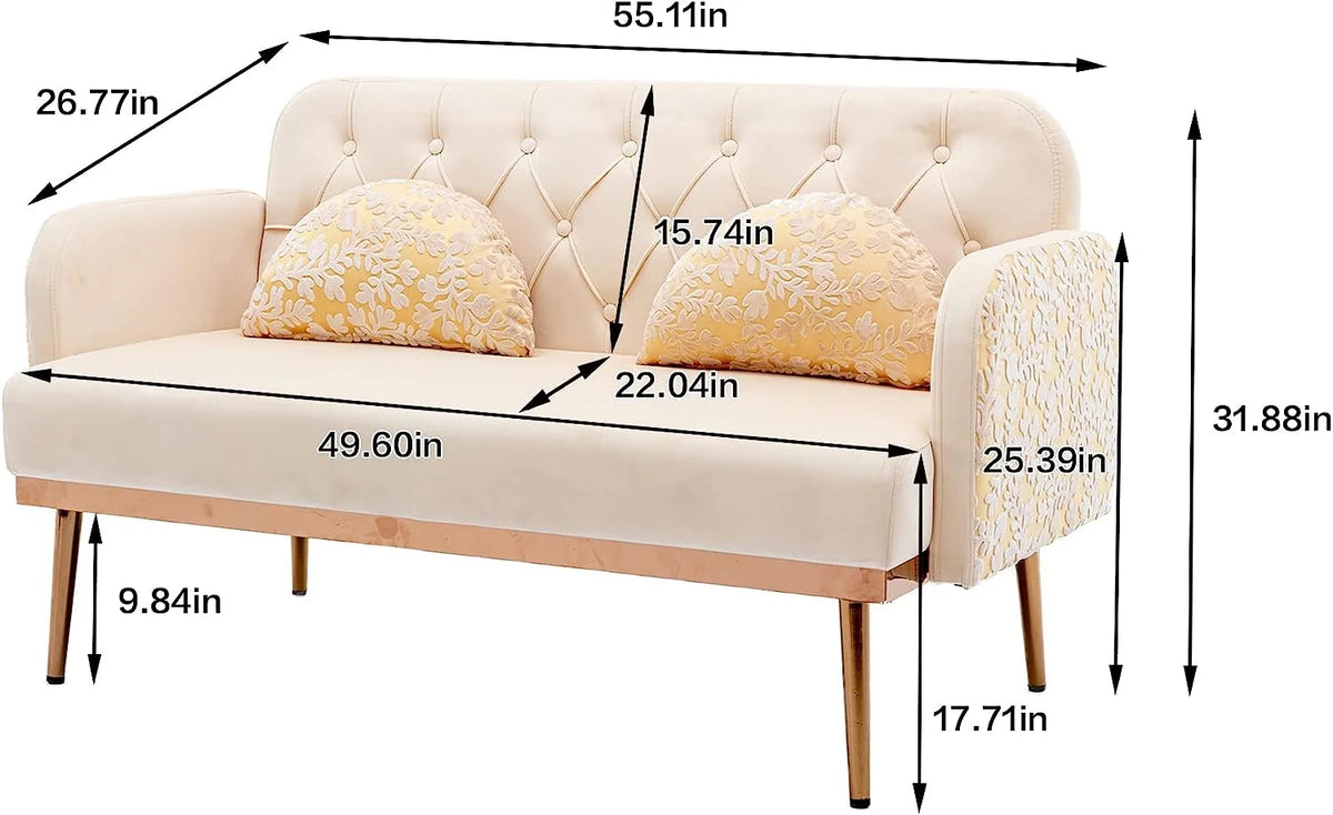55" Velvet Sofa Chair with Pillows and Golden Metal Legs H866