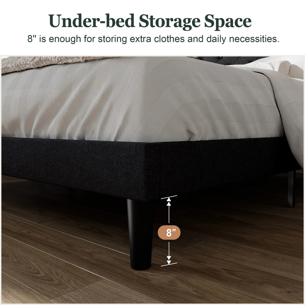 Queen Size Upholstered Platform Bed Frame with Adjustable Headboard, Black Y154593