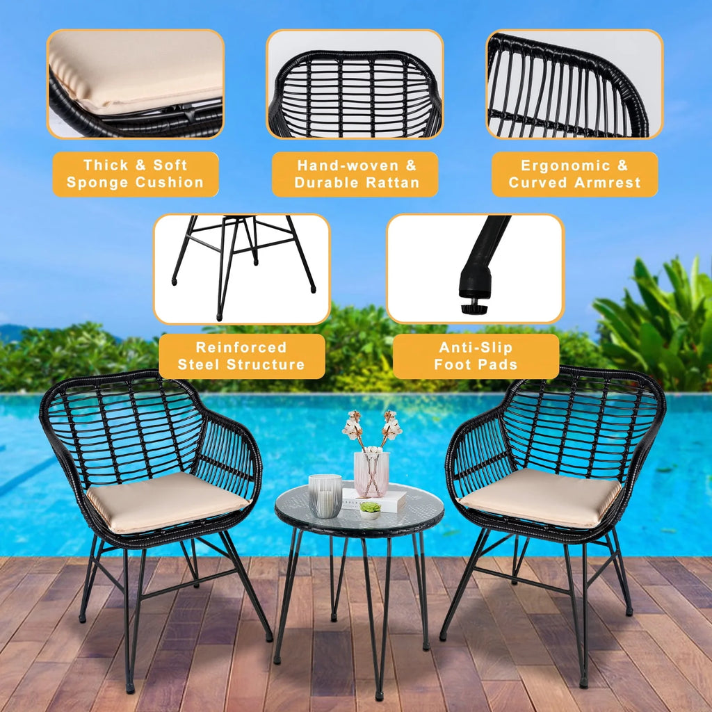 3 Piece PE Rattan Wicker Bistro Set with Cushions V401