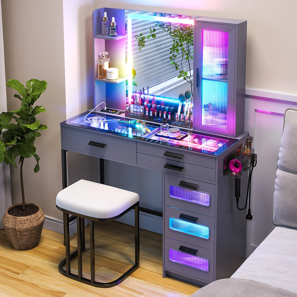 Grey Glass Top Makeup Vanity Desk with Mirror and Stool D289499