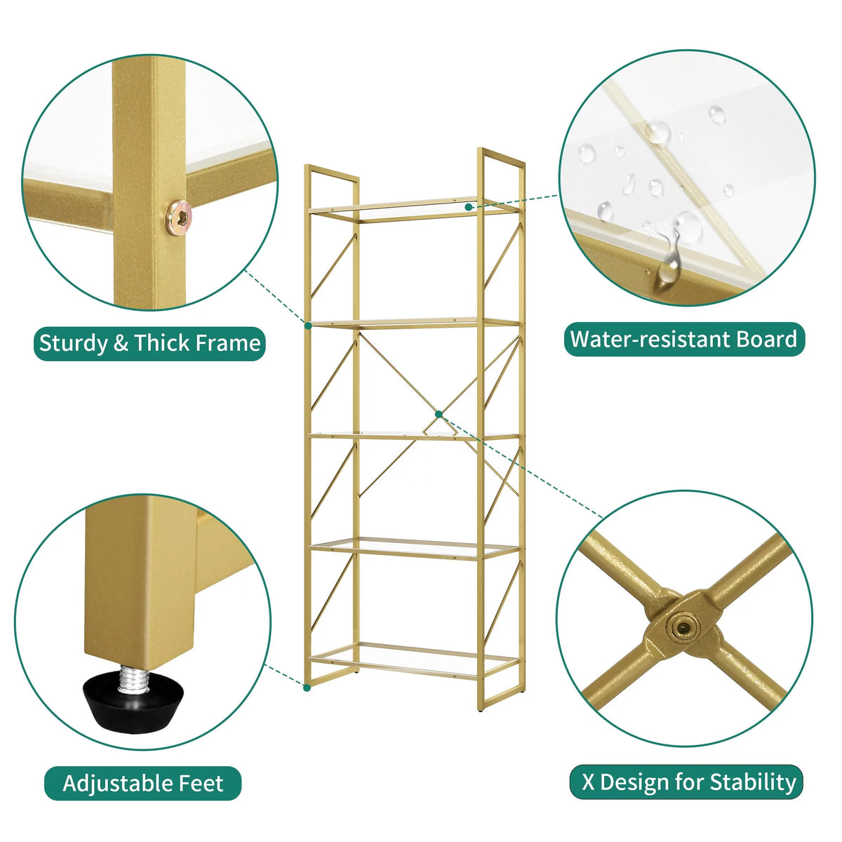 5-Tier Gold Bookshelf with Metal Frame V57761