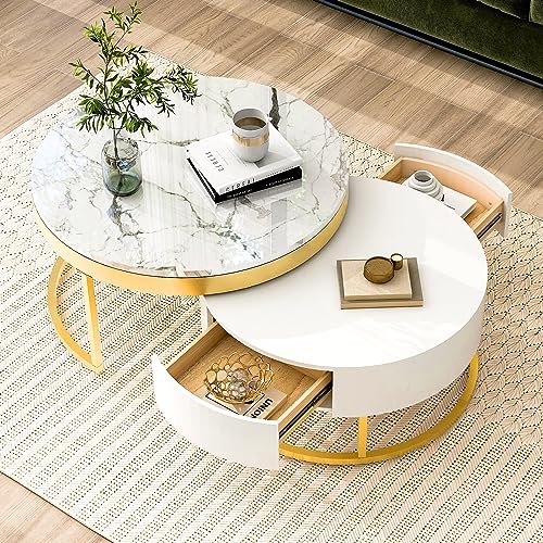 Round Lift-top Nesting Coffee Tables with 2 Drawers White & Natural L867