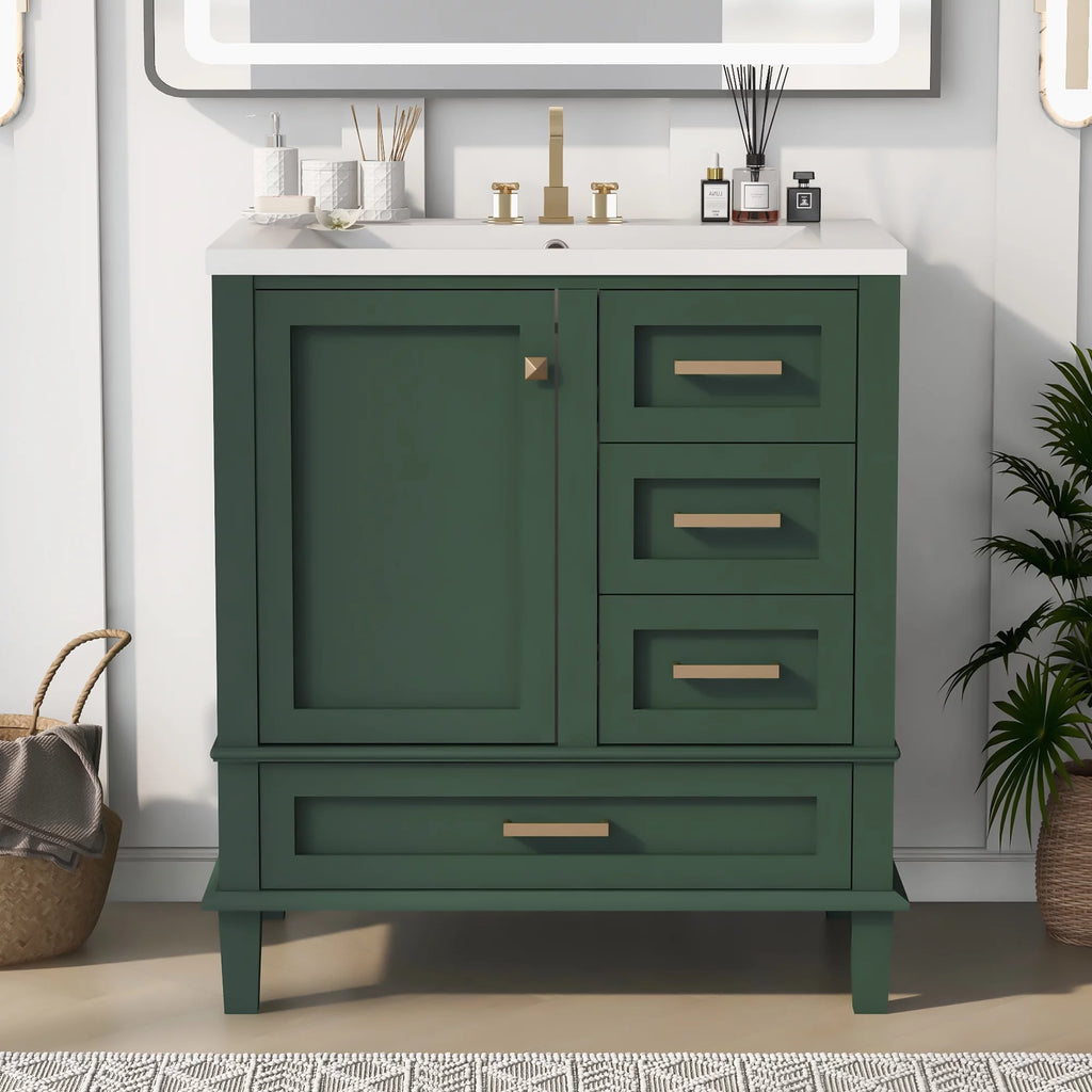 30" Green Solid Wood Bathroom Vanity with Top Basin and 3 Drawers W3518