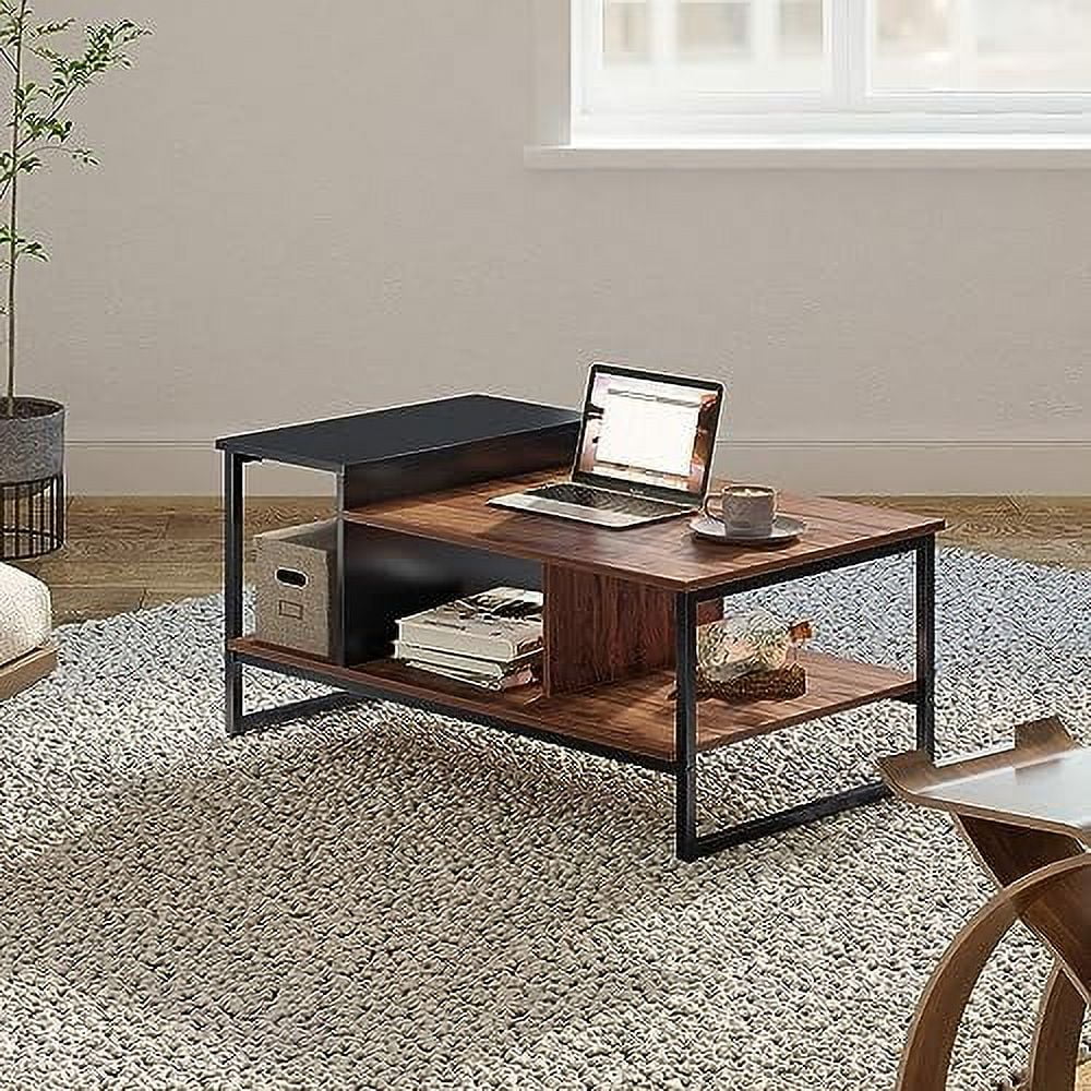 Glass Wood Coffee Table with 2-Tier Staggered Shelves H9171