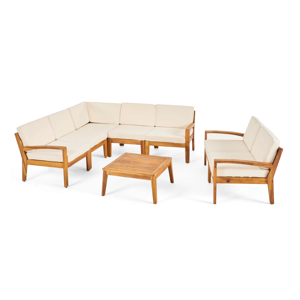 Acacia Wood 7 Seater Sectional Sofa and Loveseat Chat Set with Cushions B3555
