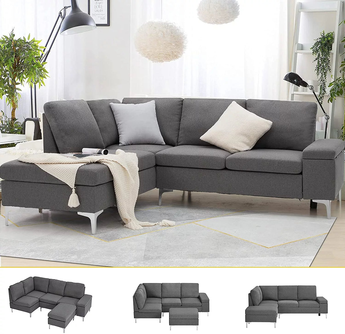 Gray Sectional Sofa with Armrest Storage E382