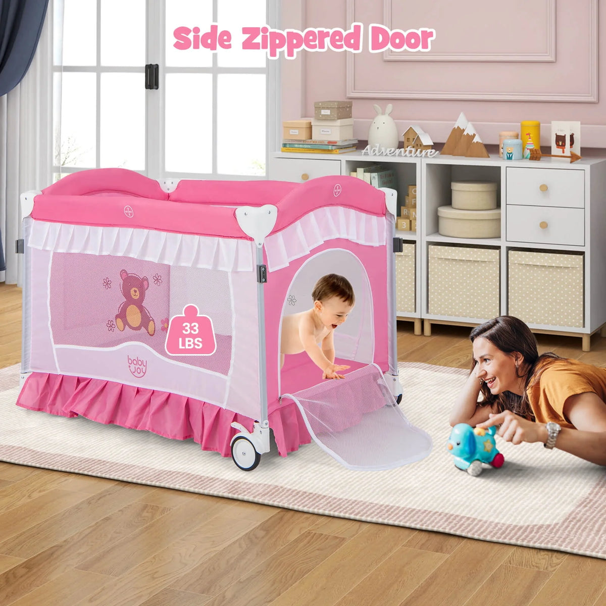 Portable 4 in 1 Baby Playard Crib with Changing Table Pink Z767841