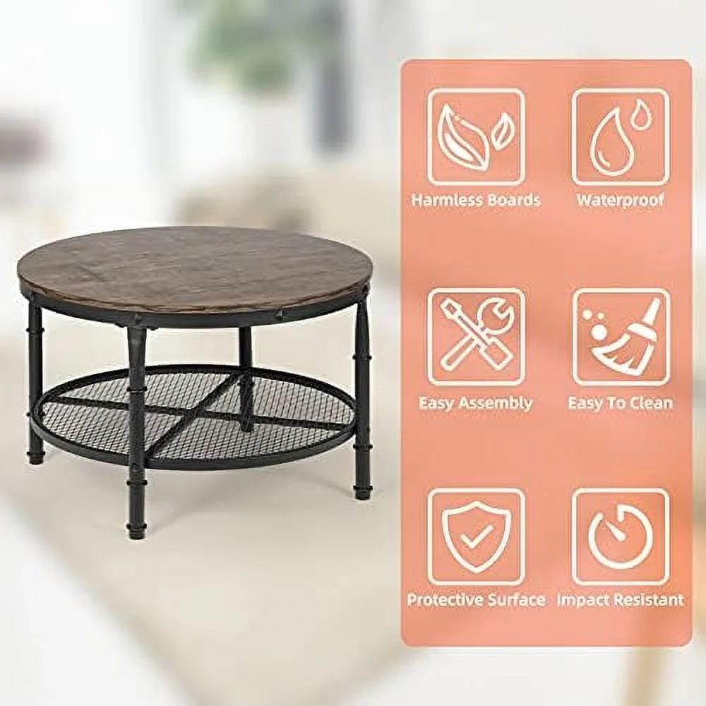 Small Round Coffee Table with Wood Top Metal Legs 2-Tier Grey P63567