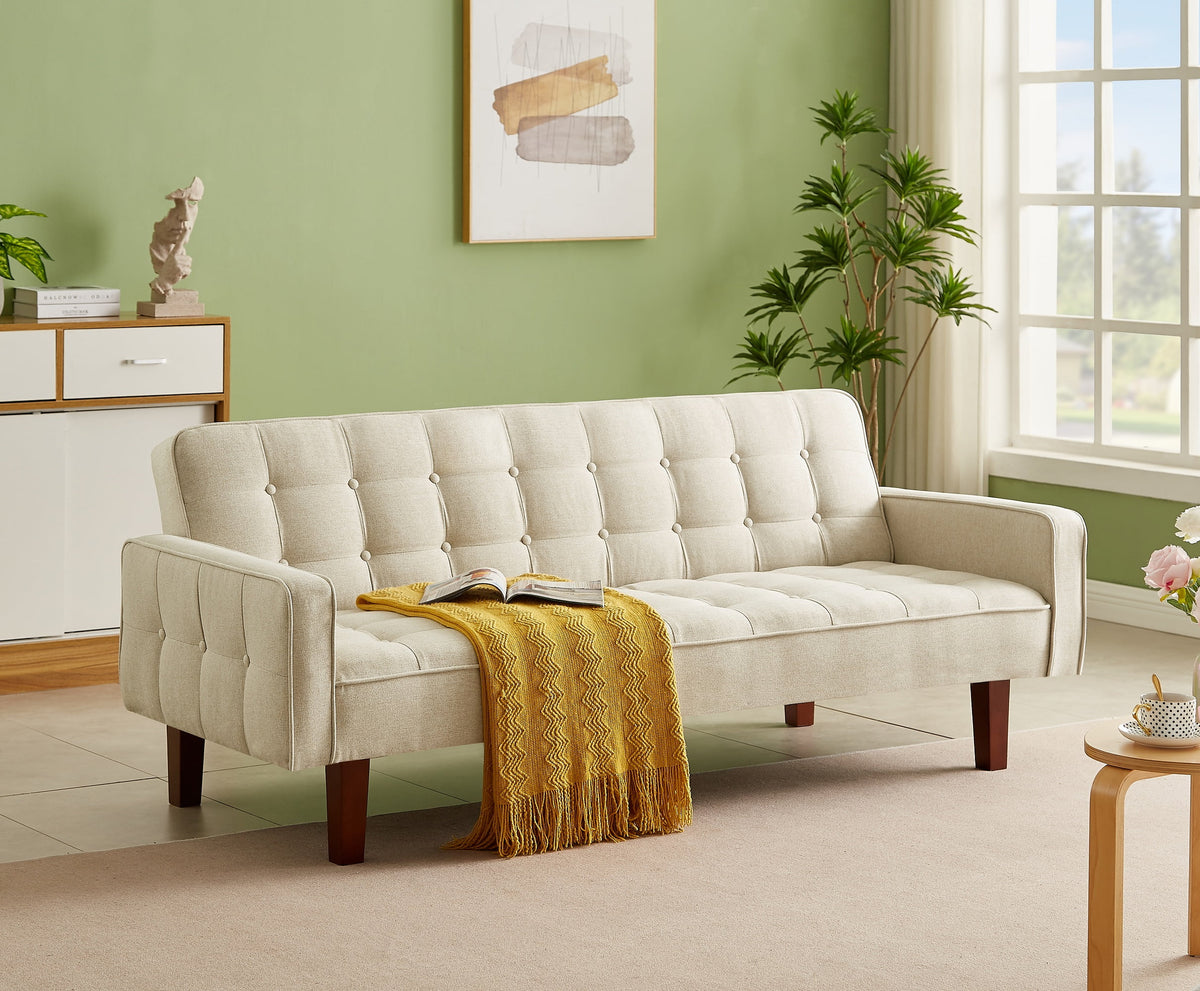 Beige Linen Tufted Convertible Sleeper Sofa E819741