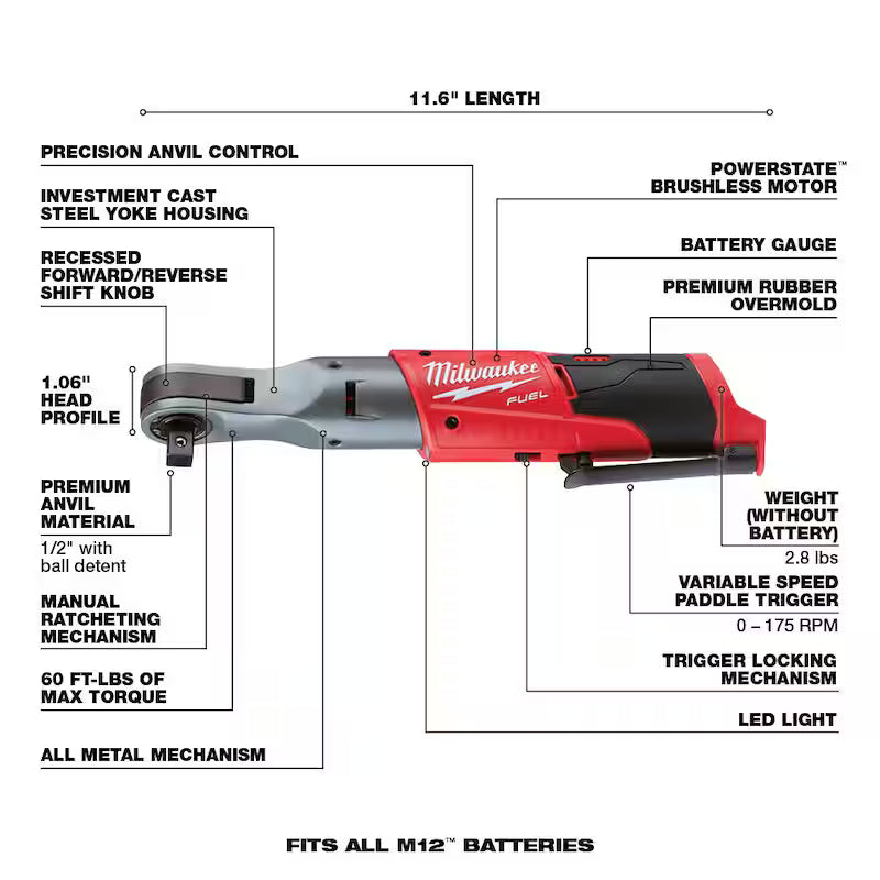 12V Lithium-Ion Brushless Cordless 1/2 in. Ratchet with 2.0Ah Battery M7488