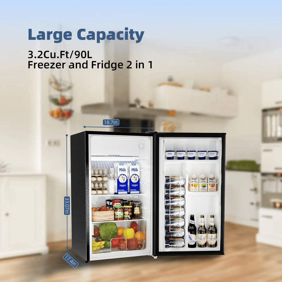 Compact Fridge with Freezer, 3.2 cu.ft., 5 Adjustable Temperatures, Reversible Door, Silver L716