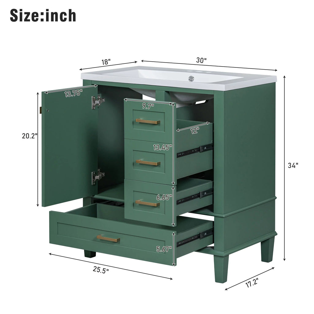 30" Green Solid Wood Bathroom Vanity with Top Basin and 3 Drawers W3518